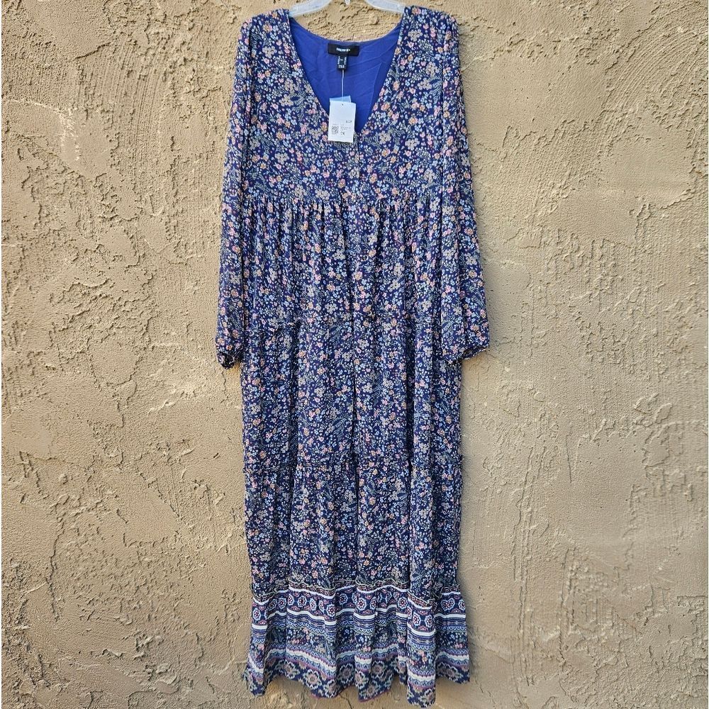 Forever 21+ Navy Blue Floral Long Sleeve Maxi Dress Size 0X